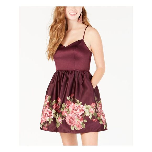 TEEZE ME Dresses & Skirts - TEEZE ME Womens Fit + Flare Mini Dress Burgundy Spaghetti Strap Juniors 5\6